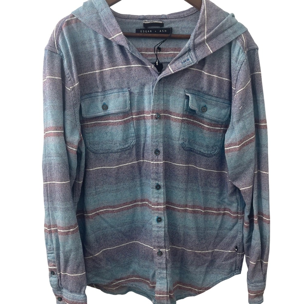 Edgar + Ash‎ Mens XL Striped Hooded Flannel Shirt Button Up Y2K